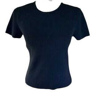 Talbots Sweater Women S Black Petites 100% Wool Ribbed Knit‎ Short Sleeve